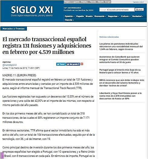 El mercado transaccional espaol registra 131 fusiones y adquisiciones en febrero por 4.539 millones